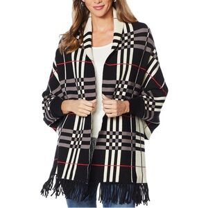 Colleen Lopez XL Black and Gray Plaid Reversible Fine Knit Shawl/ Cape